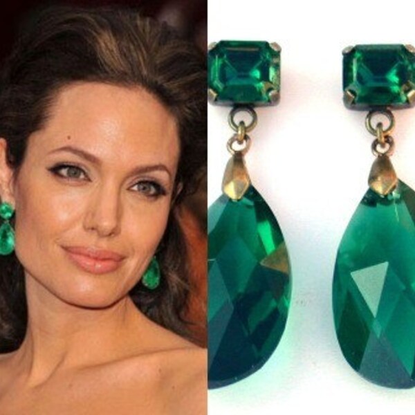 Angelina Jolie's Inspired Gorgeous Emerald  Earrings in  Crystal SWAROVSK I- Celebrity Inspired