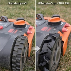 Könnte beinhalten: Vergleich der Räder eines Mähroboters. Links ein Standardprofil, rechts ein AllTerrain-Grip / TPU 95A Profil. Der Rasenmähroboter ist schwarz und orange, mit deutschem Text. Die Räder sind für besseren Grip konzipiert.