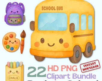 Pastel Back to School Supplies Clipart Bundle, 22 Watercolor PNGs, Trasparent Background, Instant Download