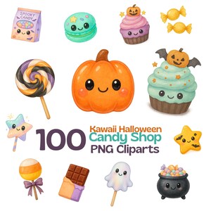 May include: A selection of colourful, kawaii-style Halloween sweets and treats. Includes a smiling orange pumpkin, cupcakes, lollipops, a candy bag, and a chocolate bar. Text reads "Kawaii Halloween Candy Shop PNG Cliparts".