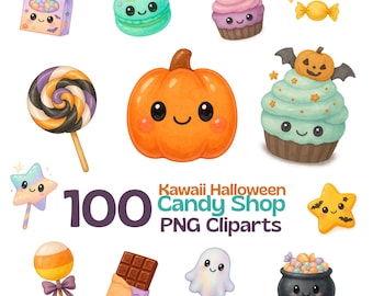 100 Kawaii Halloween Clipart Bundle | Cute Spooky Candy Shop PNG | Watercolor Pastel Ghost Pumpkin Cupcake Lollipop