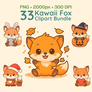 Kawaii Fox Clipart Mega Bundle - 33 Chibi Baby Füchse PNGs (2000×2000 px | 300 DPI | Transparent)