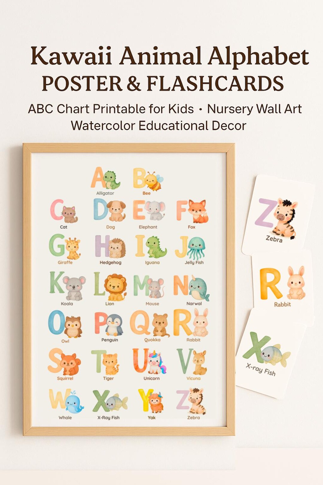 Kawaii Animal Alphabet Poster & Flashcards – ABC Chart Printable for ...