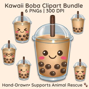 Può includere: Un'illustrazione digitale di un pacchetto di clipart Kawaii Boba con sei tazze di tè alle bolle con varie espressioni facciali. Ogni tazza ha una cannuccia marrone e perle di tapioca. Il testo recita "Kawaii Boba Clipart Bundle" e "6 PNGs | 300 DPI".