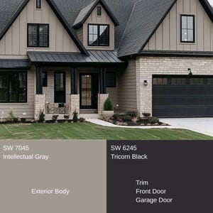 May include: A two-story house with board and batten siding in SW 7045 Intellectual Gray and a roof with black trim, front door, and garage door in SW 6245 Tricorn Black. The exterior features light-colored stone accents and multiple windows.