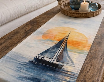 Marin Yelkenli Desenli Runner 40x140 cm – Dijital Baskılı, Süet Dokulu Kumaş, Leke Tutmaz Dekoratif Runner