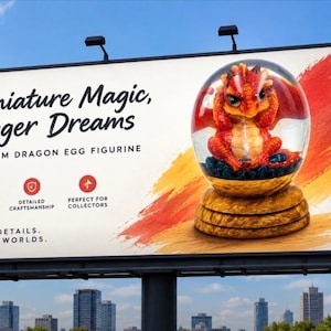 May include: A billboard advertisement featuring a red dragon figurine inside a glass globe on a wooden base. Text reads: Miniature Magic, Bigger Dreams, Premium Dragon Egg Figurine, High-Quality Resin, Detailed Craftsmanship, Perfect for Collectors, Small Details. Bigger Worlds.