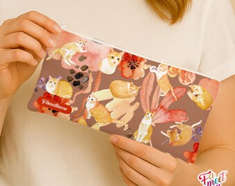 Fameetmeow - Japanese - Pencil Case - Daisy in the sunset - Makeup Cosmetic Bag - Zip Up Bag - Cat lover gift - Handmade