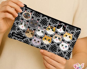 Fameetmeow - Japanese - Pencil Case - Lineup - Makeup Cosmetic Bag - Zip Up Bag - Cat lover gift - Handmade