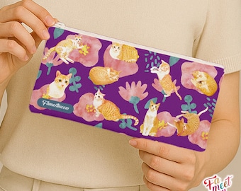 Fameetmeow - Japanese - Pencil Case - Coneflowers - Makeup Cosmetic Bag - Zip Up Bag - Cat lover gift - Handmade