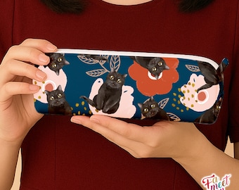 Fameetmeow - Japanese - Square Pencil Case - Bunga Raya - Makeup Cosmetic Bag - Zip Up Bag - Cat lover gift - Handmade