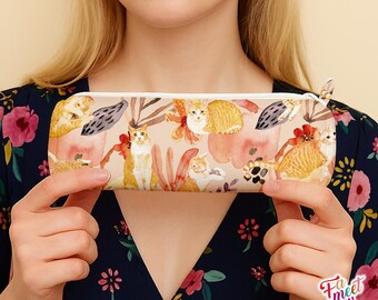 Fameetmeow - Japanese - Square Pencil Case - Daisy in the sunset - Makeup Cosmetic Bag - Zip Up Bag - Cat lover gift - Handmade