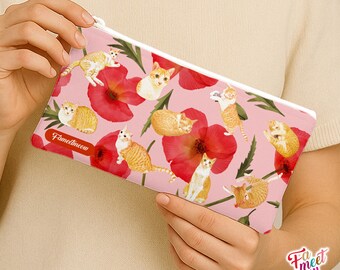 Fameetmeow - Japanese - Pencil Case - Red Poppy - Makeup Cosmetic Bag - Zip Up Bag - Cat lover gift - Handmade