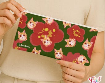 Fameetmeow - Japanese - Pencil Case - Scarlet - Makeup Cosmetic Bag - Zip Up Bag - Cat lover gift - Handmade