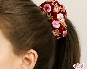 Fameetmeow - Japanese Hair Scrunchie - Ginger Tabby Cat - Autumn Floral Flower Pattern - Hair Accessories