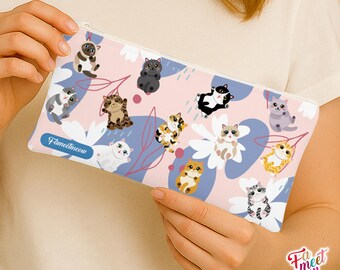 Fameetmeow - Japanese - Pencil Case - Fluttering Flower Cats - Makeup Cosmetic Bag - Zip Up Bag - Cat lover gift - Handmade