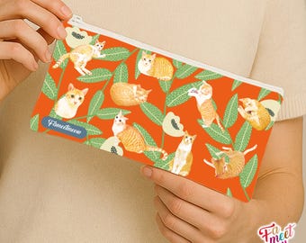 Fameetmeow - Japanese - Pencil Case - Bamboo Leaves - Makeup Cosmetic Bag - Zip Up Bag - Cat lover gift - Handmade