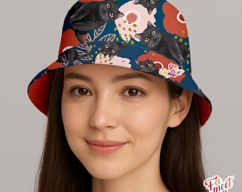 Japanese Double-sided Bucket Hat - British Shorthair Cat - Bunga Raya Floral Pattern - Cat Lover Gift - Reversible Bucket Hat by Fameetmeow