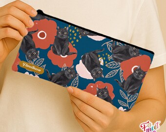 Fameetmeow - Japanese - Pencil Case - Bunga Raya - Makeup Cosmetic Bag - Zip Up Bag - Cat lover gift - Handmade