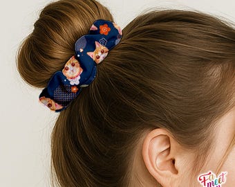 Fameetmeow - Japanese Hair Scrunchie - Ginger Tabby Cat - Okinawa Floral Flower Pattern - Hair Accessories