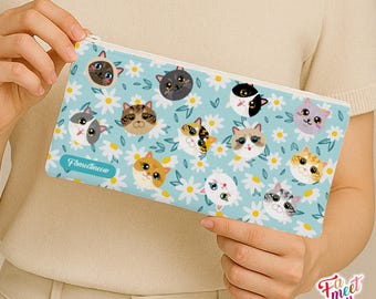 Fameetmeow - Japanese - Pencil Case - Chamomile - Makeup Cosmetic Bag - Zip Up Bag - Cat lover gift - Handmade
