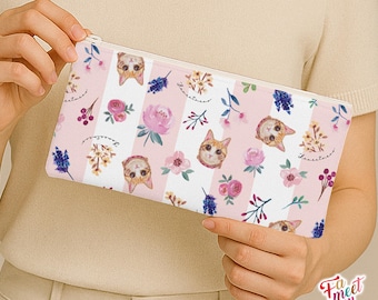 Fameetmeow - Japanese - Pencil Case - Classic (Pink stripes) - Makeup Cosmetic Bag - Zip Up Bag - Cat lover gift - Handmade