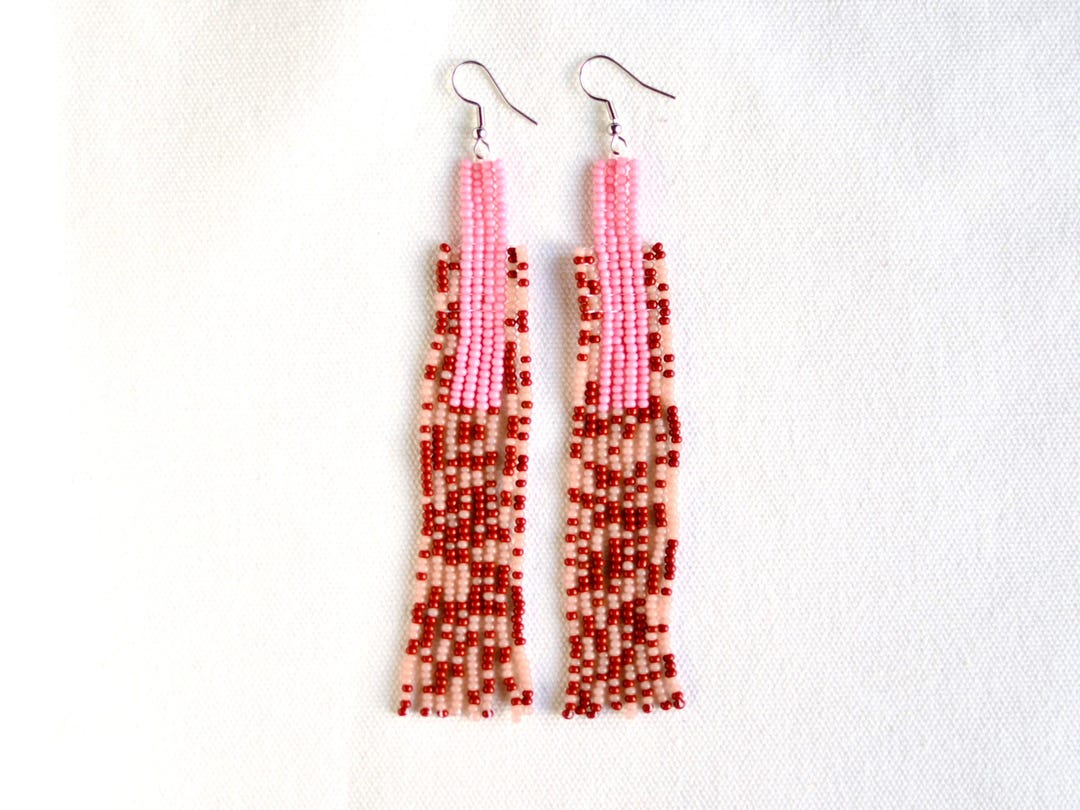 Long Beaded Fringe Earrings – Statement Boho Jewelry – Brown Pink ...