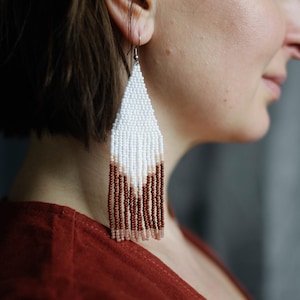 Beaded Fringe Earrings – White Brown Long Earrings - Statement Jewelry