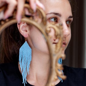 Hand-Beaded Light blue earrings – Monochrome Fringe Earrings – Statement Boho Jewelry