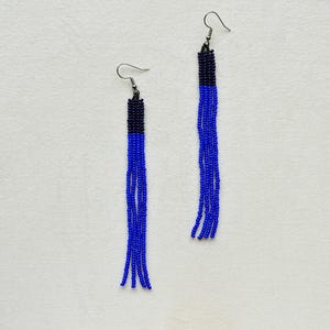 Blue Color Block Slim Long Beaded Fringe Earrings, Statement Boho Earrings, Handmade Seed Bead Jewelry