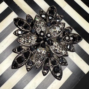 Vintage Black Floral Brooch - Black & Dark Silver Sparkly Stones