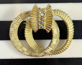 Vintage 1990s Classic Gold Ribbon Bow Brooch with Rhinestone Accents