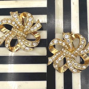 Vintage 1960s Kenneth Jay Lane KJL for AVON Signed Gold & Rhinestone Bow Clip-on Earrings