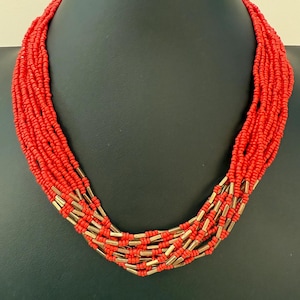 Vintage 1970s Orangey Red & Gold Seed Beaded Necklace with Gold Accents (Adjustable Length)