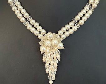 Unique Vintage 1950s Faux Pearl & Clear Beaded Cluster Double Strand Necklace
