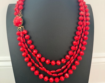 Vintage 1960s Cherry Red Beaded Multi-strand Necklace with Red & Gold Box Clasp