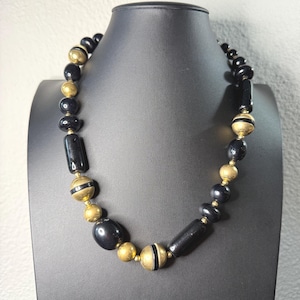 Unique Vintage 1980s Trifari Signed Black & Gold Lucite Beaded Necklace