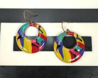 Vintage 1980s Colorful Abstract Paint-Style Enamel Hoop Pierced Earrings