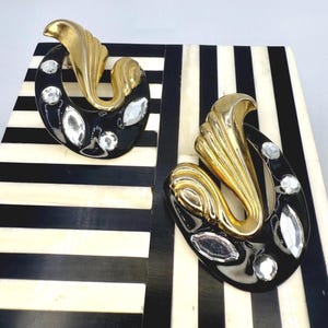 Amazing Vintage 1980s Black Enamel, Gold Tone & Rhinestone Pierced Earrings with a Unique Swirl Design