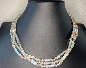 Vintage 3-Strand Rainbow Iridescent Tube and Clear Pony Beaded Handcrafted Necklace
