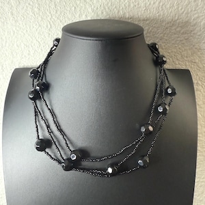 Vintage 1980s Long Robe Black Seed and Faceted Glass Beaded Necklace (No Clasp)