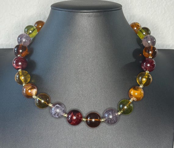 1980s Vintage Glass Beaded Necklace: Amber, Purple, Green & Maroon