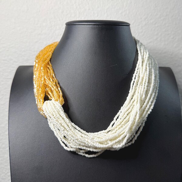 Vintage 1980s Pearl & Champagne Crystal Seed Beads Multi-Strand Necklace