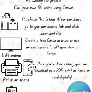 May include: An infographic with the text "Edit, download and print today!" and instructions for using Canva to edit and print files. Includes icons of shopping bags, a computer monitor, a printer, a smartphone, and a checklist.