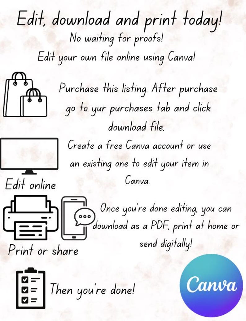 May include: An infographic with the text "Edit, download and print today!" and instructions for using Canva to edit and print files. Includes icons of shopping bags, a computer monitor, a printer, a smartphone, and a checklist.