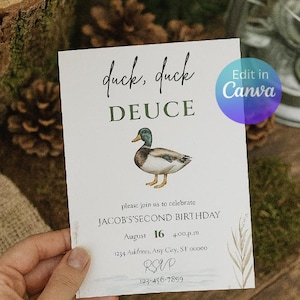 May include: A white invitation card with the text "duck, duck DEUCE" and a watercolor illustration of a duck. The card also includes details for Jacob's second birthday, August 16, 4:00 p.m., and an RSVP section.