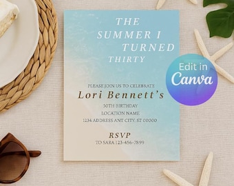 The Summer I Turned 30-uitnodiging | Uitnodiging voor verjaardagsfeestje strandthema | Bewerkbare sjabloon geïnspireerd op The Summer I Turned Pretty | Digitaal