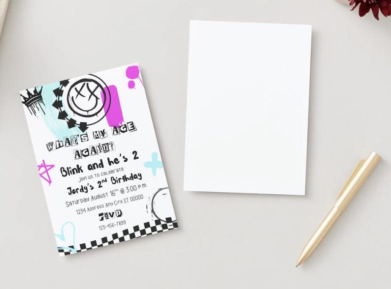May include: A birthday invitation with the text "WHAT'S MY AGE AGAIN? Blink and he's 2" in a graffiti style. The invitation includes the date, time, and location. A blank card and a gold pen are also present.
