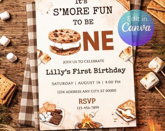 S’mores First Birthday Invitation, Camping 1st Birthday Party Invite, Campfire One Year Old Birthday, Editable S’mores Birthday Invitation