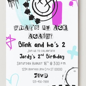 May include: White invitation card with a black and white checkered border, featuring the text "What's My Age Again?" and "Blink and he's 2". Includes event details for Jordy's 2nd birthday, with a RSVP phone number.